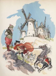 Baronen de Munchausen som precis korsade den egyptiska gränsen är fångad i en storm framkallad av en stor figur för att få de 7 bruken igång. "" Illustration av Albert Robida - i "" History and Adventures of the Baron de Munchausen"" (Munchhausen), H. Laur