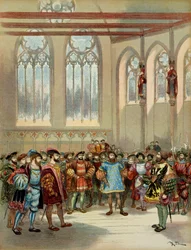 Bourgogne-herauten, skickad av Karl V (1500-1558), togs emot av Francois I (1494-1547) i den stora salen i parlamentet i Paris, första hälften av 1500-talet. Illustration