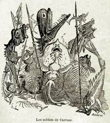 Armén av Quaresmeprenant. Soldaterna framställs som fiskar, av vilka vissa bara har arterna, med hänvisning till Caremes magra (unga) måltid. Illustration av Albert Robida (1848-1926) till ett avsnitt av den fjärde boken av Francois Rabelais - Librairie Ar