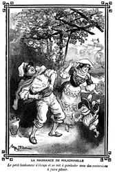 Polichinelles födelse. Teckning av Albert Robida (1848-1926) i en läsbok för barn 1920-1930.