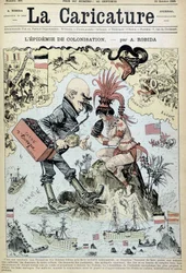 Koloniseringsepidemin: antikolonialistisk teckning av Robida - i "" La Caricature"" av 1885-10-31