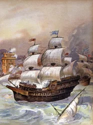 Jean Angos flotta blockerar Tejo och hotar Lissabon, ca 1909 (illustration)