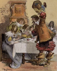 Kapten Bellormeaus blyghet - "" Här är en utmärkt dessert, säger kapten Hurtebise"". Karaktär från Albert Robidas bok. Omslag "" Den lille fransmannen illustrerad"" av 1900-03-03.
