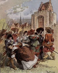 Kapten Bellormeaus blyghet - "" Madame de Malicorne föll i armarna på en sergeant"". Karaktär från Albert Robidas bok. Omslag "" Den lille fransmannen illustrerad"" från 1900-01-20.
