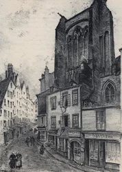En gata i Saint Malo - Gamla Frankrike - Bretagne - text, teckningar och litografier, av Albert Robida (1848-1926) odaterat slutet av 1800-talet