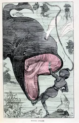 Kvinna i en scaphandler som blir uppslukt av en val, parodi på Jules Verne, "" Mycket extraordinära resor av Saturnin Farandoul i 5 eller 6 delar av världen och i alla länder kända eller okända för M. Jules Verne" av Robida, Paris
