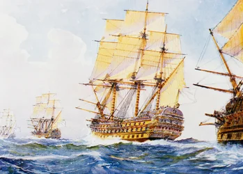 1700-talsskepp i en rad med styrbords halning, akvarell av Albert Sebille (1874-1953), 1900-talet
