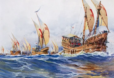 Kung Ludvig IX:s franska skepp under det åttonde korståget 1268, akvarell av Albert Sebille (1874-1953)