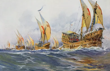 Franska skepp från Saint-Louis under det åttonde korståget 1268 (färglitografi)