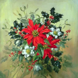 AB130 Ett jularrangemang med järnek, mistel och andra vinterblommor