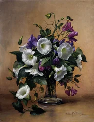 Convolvulus och sockerärtor i glasvas (olja på duk)