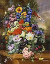 Stilleben med rosor, delfinier, vallmo och ringblommor på en avsats