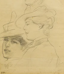Kvinnohuvud med dekorerad hatt, profil och trekvartsvy, ca 1900 (blyerts på ljusbrunt papper)