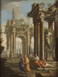 Pilgrimer bredvid klassiska byggnader, c.1710