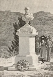 Monument över Paolo Giacometti (1816-1882) på kyrkogården i Staglieno, Genua, Italien, gravyr efter ritning av Alberto della Valle, från L
