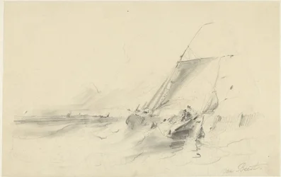 Seascape med pråm i hackigt vatten