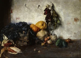 Ett stilleben av grönsaker vid en vägg, 1890