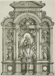 Altartavla med den vackra jungfrun av Regensburg och de heliga Kristoffer, Maria Magdalena, Florian och Katarina stående i nischer, med Gud Fader ovanför