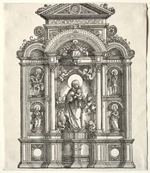 Stort altare med Jungfrun, i en gräns mot SS. Christopher, George, Barbara, Catherine, 1520.