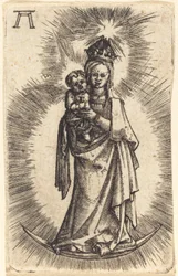 Madonna och barn står med en halvmåne