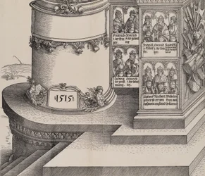 Porträtt av Maximilians släktingar och basen av den vänstra yttre kolumnen med datum 1..., 1515.