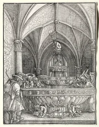 Den heliga familjen på flykt till Egypten vid en fontän, ca. 1520.