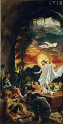 Kristi uppståndelse Han håller en korspinne vid vars ände flyter en vit flagga (standard). Målning av Albrecht Altdorfer (ca 1480-1538) 1518 Dim. 70x37 cm Wiens konsthistoriska museum