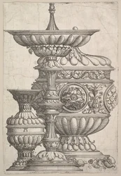 Tre eleganta kärl på en vit bakgrund, ca. 1525.