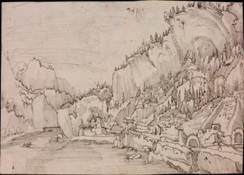 Utsikt över Sarmingstein vid Donau (Österrike) - Teckning av Albrecht Altdorfer (cirka 1480-1538)
