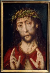 Smärtornas Kristus. Kristi ansikte med blödande sår från törnekronan och stigmata i handflatorna. Målning av Albrecht Bouts (ca 1455-1549), Ec. Hol.