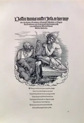 En romersk soldat som hånar Kristus, med konstnärens namn på latin ovanför och nedanför en dikt som hyllar mannen för hans synder, titelsida till serien The Great Passion, pub. 1511