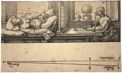 Konstnär som tecknar en nakenmodell med ett perspektivredskap, 1538
