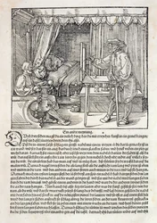 Konstnär som använder Dürers ritanordning för att måla en figur, ur "Kurs i teckningskonsten" av Albrecht Dürer, utgiven i Nürnberg 1525
