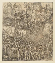 Kejsar Maximilian I:s triumfbåge (fragment av 24b): Slagscenen uppe till vänster