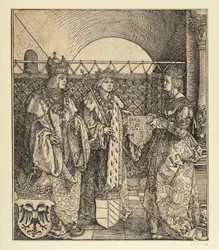 Kejsar Maximilian I:s triumfbåge (fragment av 24b): Den historiska scenen uppe till höger