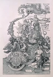 Design för kejsar Maximilian I:s stora triumfvagn: detalj som visar dygderna som placerar en krans på kejsarens huvud, planerad av Willibald Pirckheimer, pub. c.1518