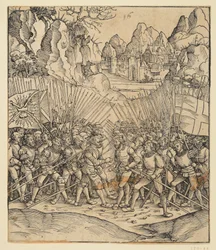 Kejsar Maximilian I:s triumfbåge (fragment från 24b): Stridsscenen längst ned till vänster