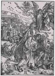 Ängeln med nyckeln till avgrunden, figur XIV, blad 16 i serien ”Apokalypsen”