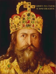 Idealiserat porträtt av kejsar Karl den store i kröningsornat med rikskronan. Nürnberg, 1517