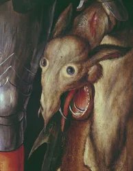 Paumgartner altartavla: detalj av den vänstra vingen, föreställande drakens huvud besegrad av St. George, ca 1500 tempera på paneldetalj av 495745