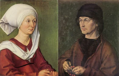 Fotomontage: Porträttdiptyk av Dürers föräldrar.