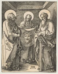 Sankta Veronica mellan de heliga Peter och Paulus, från The Small Passion, 1510.