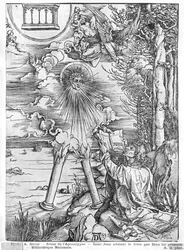 Scen från apokalypsen, Johannes slukar boken, latinsk upplaga, 1511 (träsnitt) (bw foto)
