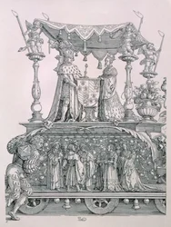 Det burgundiska äktenskapet eller triumftåget av kejsar Maximilian I av Tyskland (1459-1519) som visar bröllopsvagnen för Maximilian och Mary av Burgund (1458-82), pub. 1526 (detalj