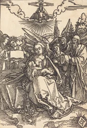Den heliga familjen med fem änglar, i eller före 1505.