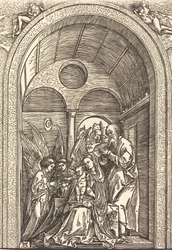 Den heliga familjen med två änglar i en välvd sal, ca. 1504.