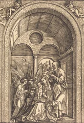 Den heliga familjen med två änglar i en välvd sal, ca. 1504.