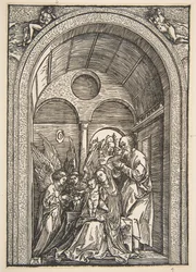 Den heliga familjen med två änglar i en välvd sal, ca. 1503.