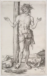 Sorgernas man stående, med upphöjda händer, ca. 1500.