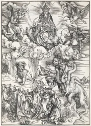 Det sjuhövdade odjuret och odjuret med lammhorn, från Johannes apokalypsen, 1496-1498